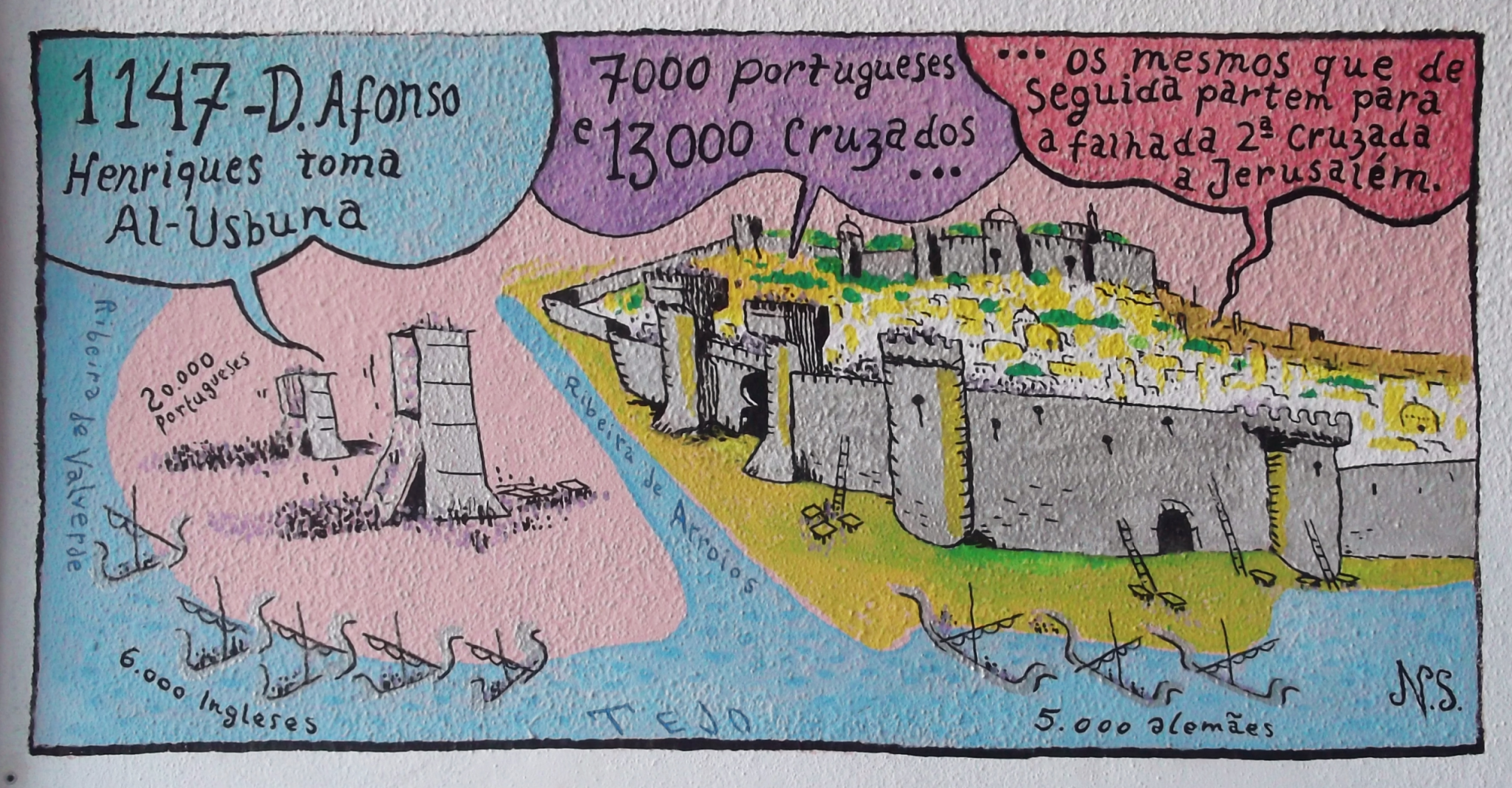 Mural depicting the conquest of Lisbon in a public art project with text in three text bubbles - which are blue, purple, and pink.