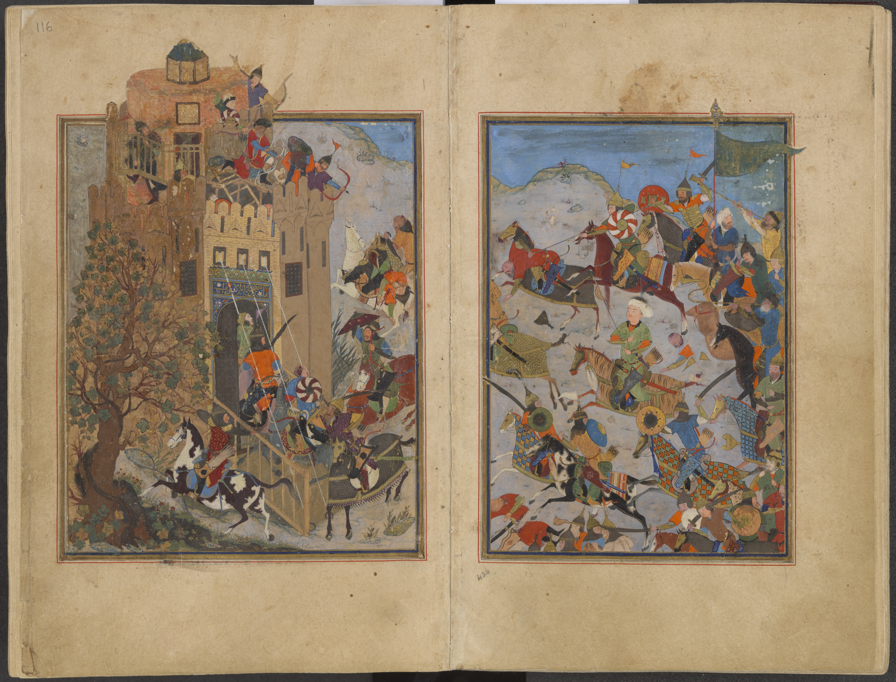Two-page manuscript illustration showing an army (on horses) attacking a fort defended by archers.