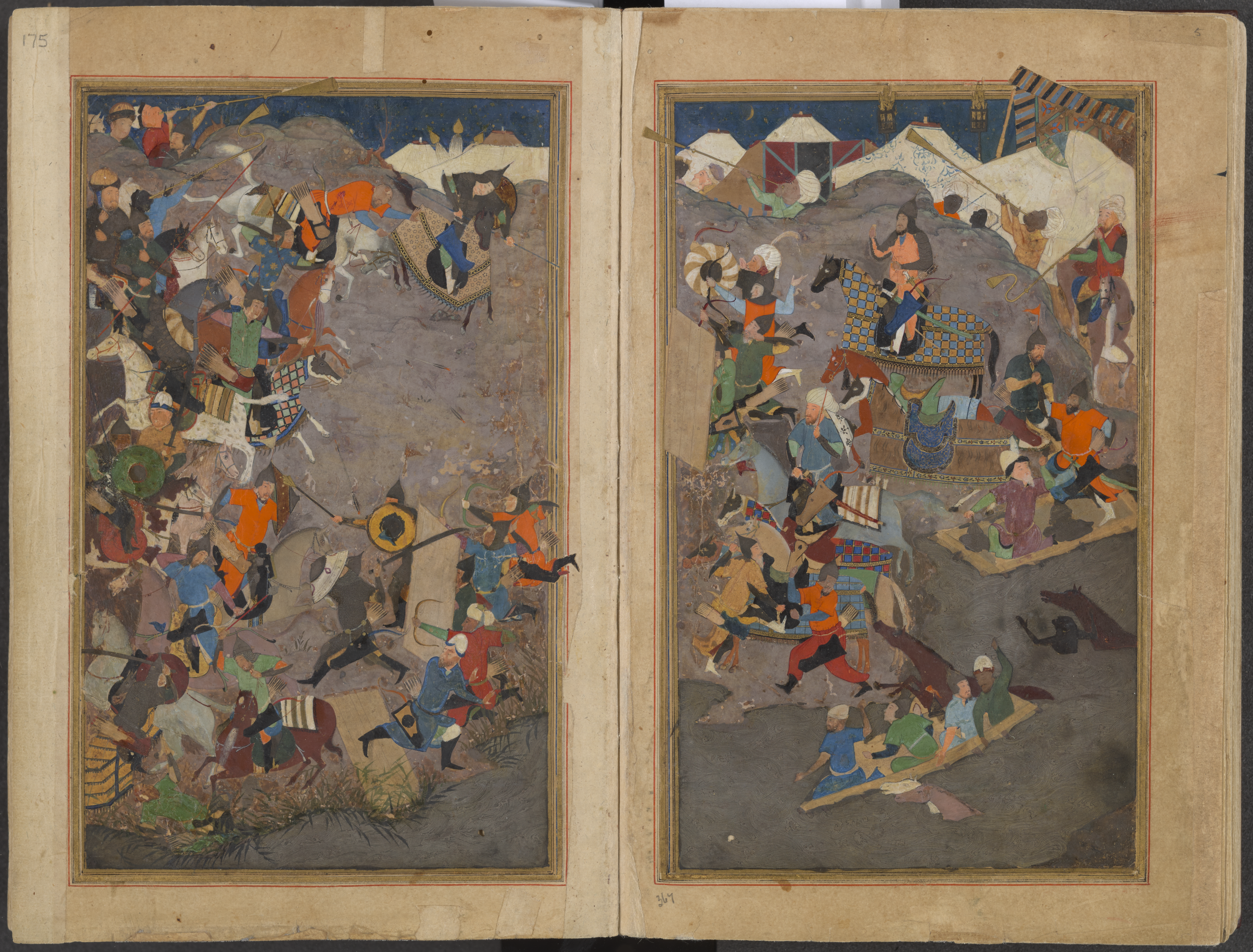 Manuscript illustration on two pages showing a battle scene with two armies running towards each other, weapons drawn. Some people and horses are visible on rafts and in the river swimming across to the shore.