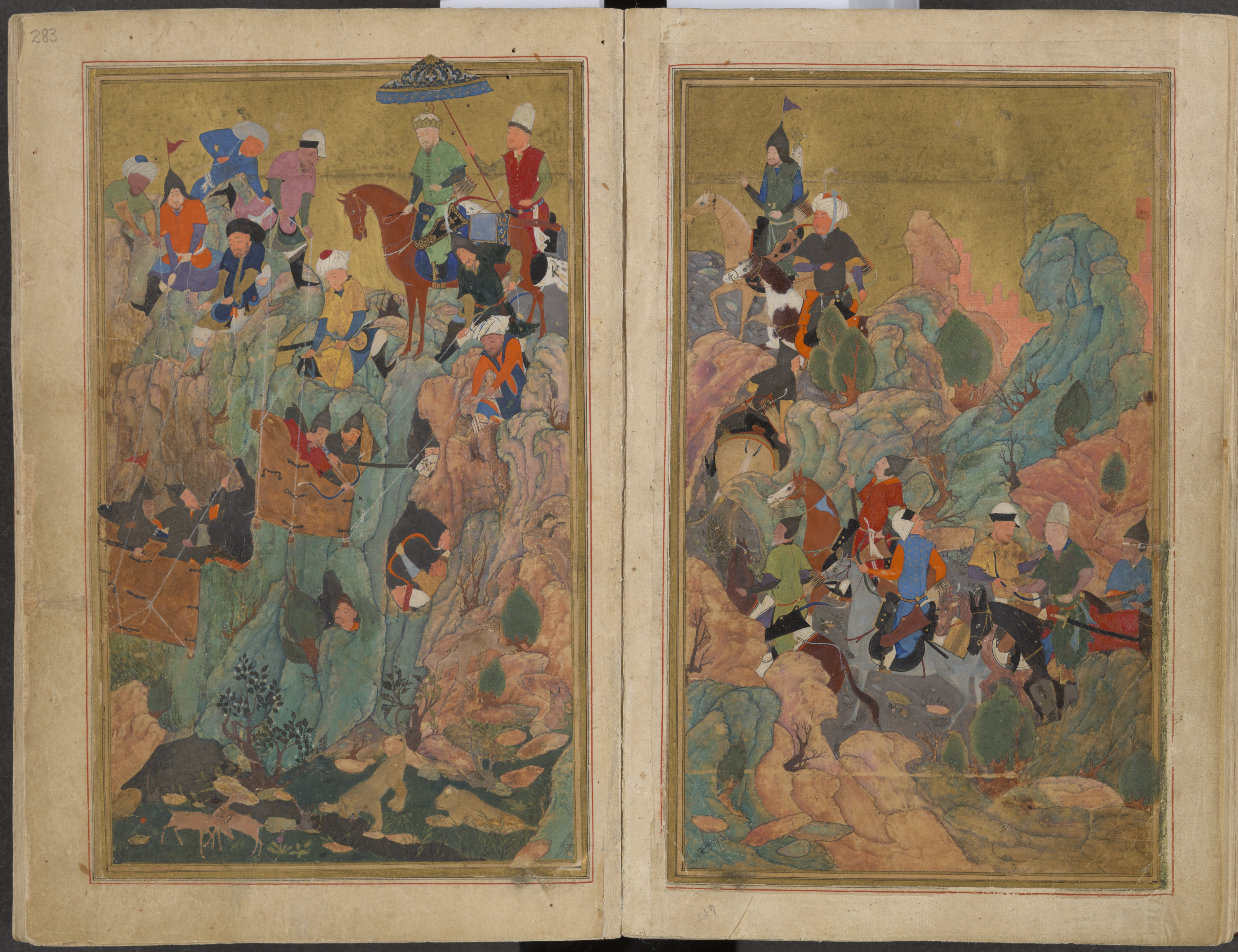 Manuscript illustration on two pages that show hilly terrain with an army attacking hiding figures. A man in green is seated upon a horse at the top of the hill with another man holding an umbrella above him.
