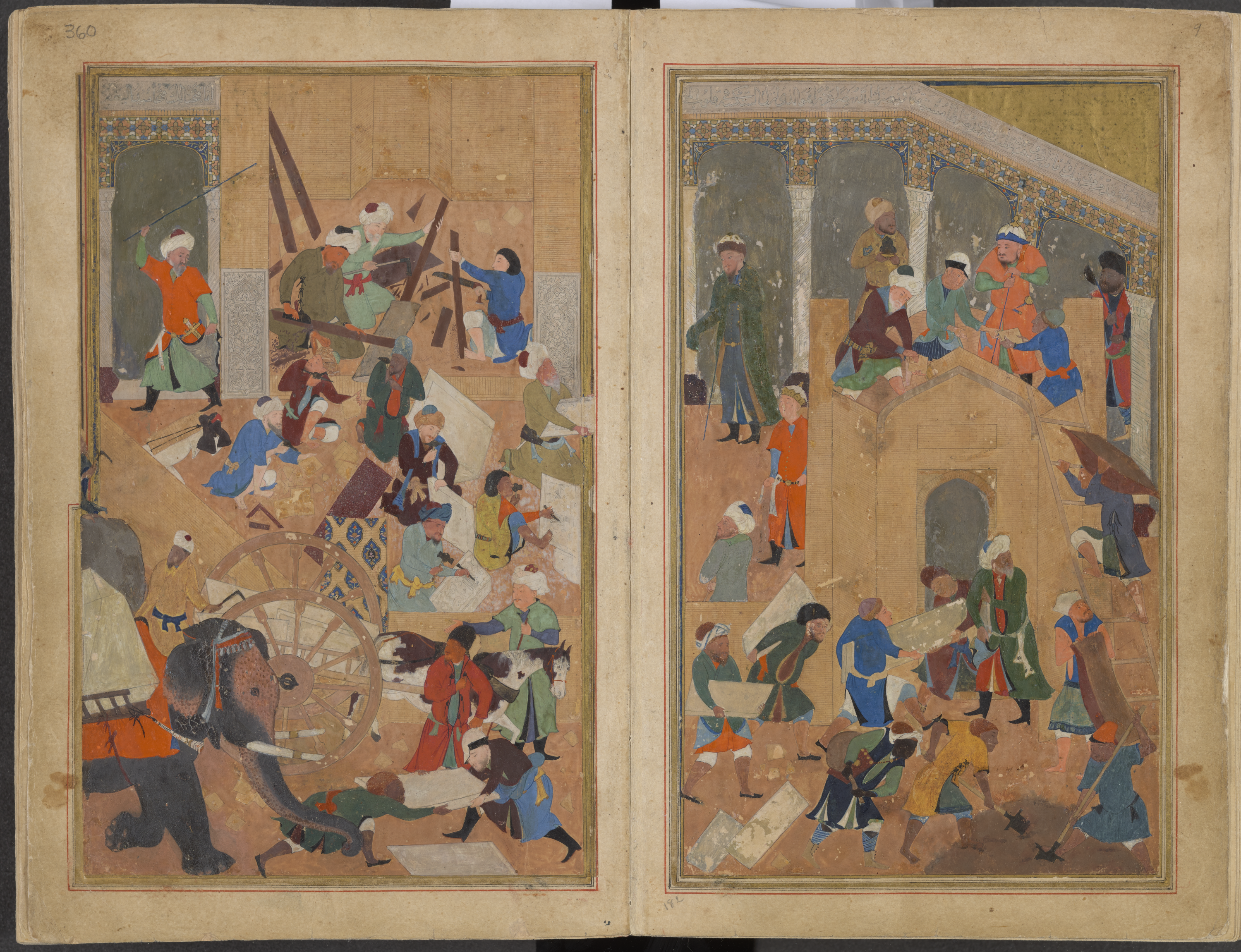 Two-page manuscript illustration showing a construction scene with various figures carrying tiles, pieces of wood, digging, etc. An elephant is visible in the bottom left bringing construction material to the site, alongside a horse pulling a large cart.