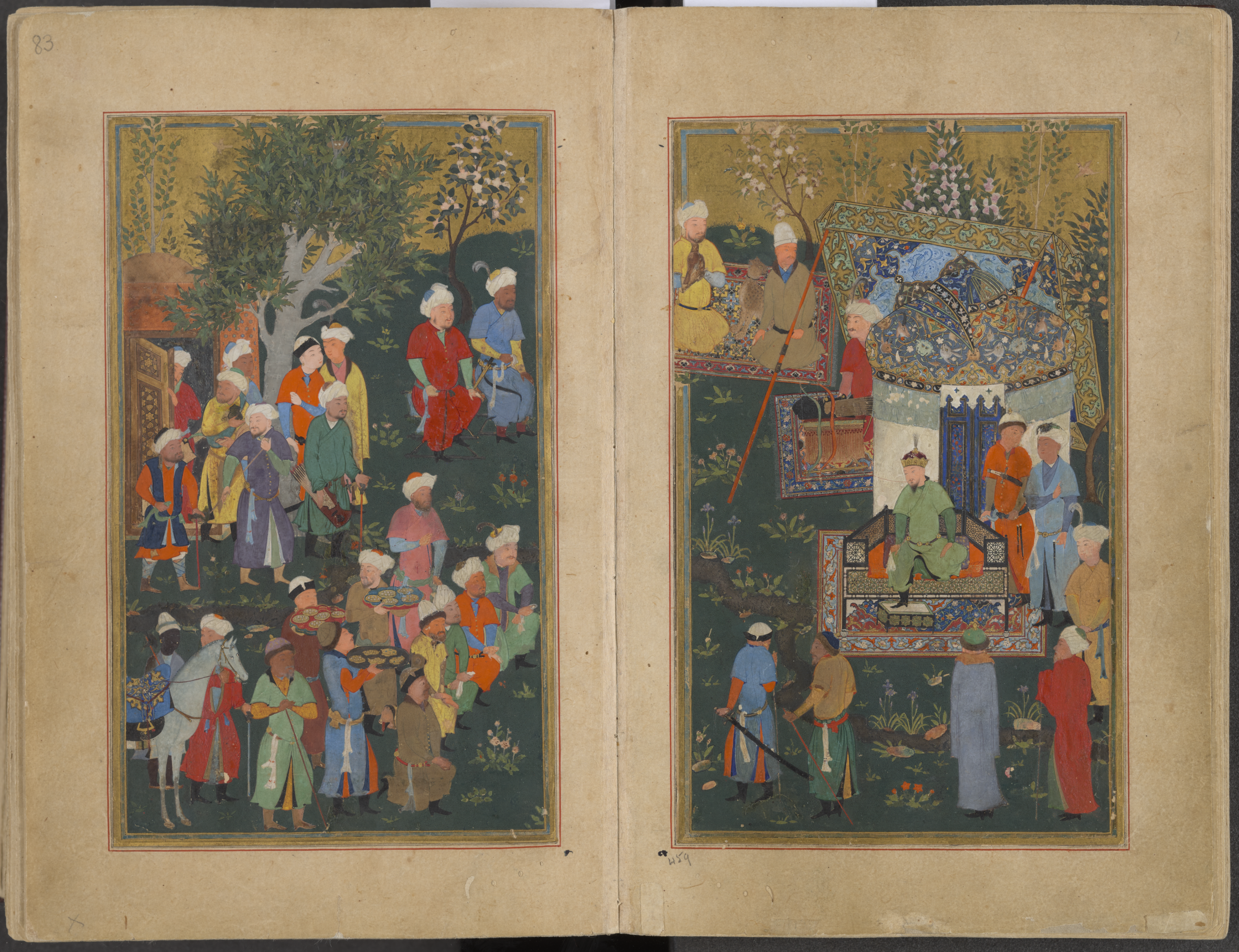 Two-page manuscript illustration depicting a court scene with one man sitting on a throne under a tent on the right. Various figures are seen sitting, standing, and vending wares around the scene.